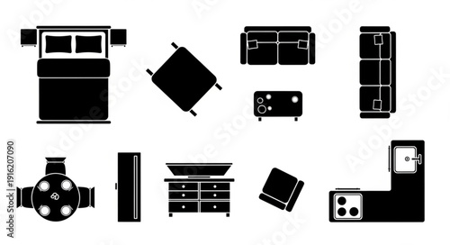 Collection of furniture silhouettes for interior design planning.