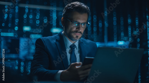 A man in formal attire using a smartphone in a high-tech environment.