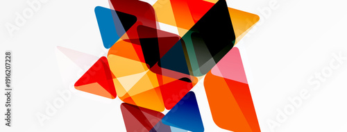 Abstract geometric shapes overlap, creating vibrant color blends. Composition features rounded rectangles, triangles, dynamic arrangement.