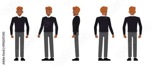 Black businessman were dark blue shirt character set with front side and back views for animation or presentation. Vector illustration design.