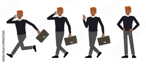 Businessman were dark blue shirt character set walking and running with briefcase and using smartphone. Vector illustration design.