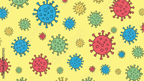 Colorful coronavirus cells appear in a dense pattern on a bright yellow background representing global health awareness.