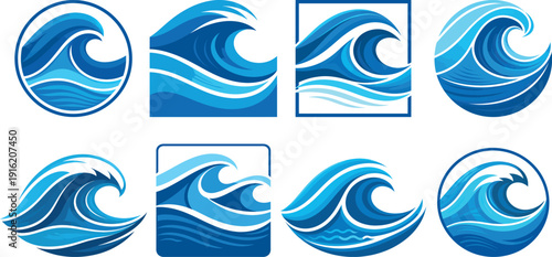 Cerulean Wave Icons in Various Shapes and Forms in Eight Panels