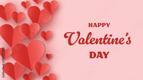 Valentine’s Day greeting card with floating paper cut hearts. Abstract background design. Vector illustration
