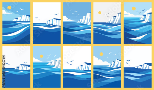 Cerulean Coastal Waves and Cliffs in Nine Panels with Sunny Skies