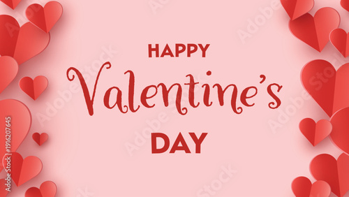 Valentine’s Day greeting card with floating paper cut hearts. Abstract background design. Vector illustration