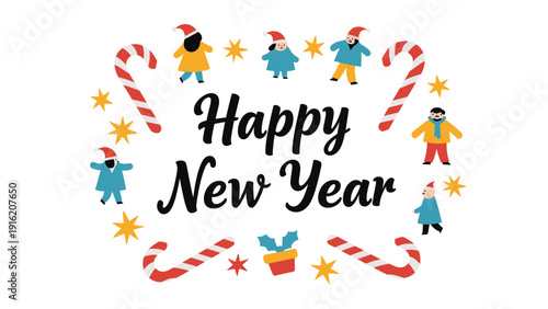 Festive Happy New Year message is surrounded by tiny cartoon people and candy canes in a circular celebratory arrangement.