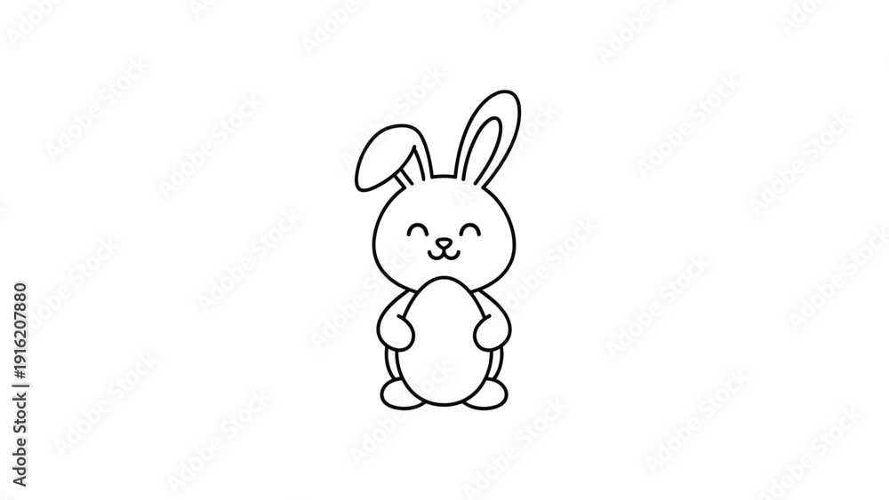Obraz premium Cute hand-drawn bunny rabbit holding an egg offers a sweet and simple black and white coloring page for Easter fun.