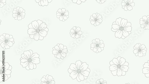 Seamless pattern of delicate flower outlines on a pale green background offers a soft and feminine floral design theme.
