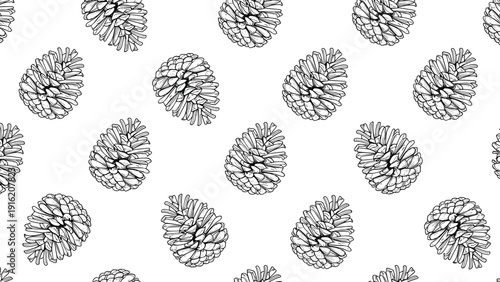 Detailed hand-drawn pine cone pattern in black and white line art provides a rustic and natural winter-themed texture.