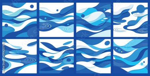 Cerulean Flowing Blue Waves in Nine Panels with Fluid Motion