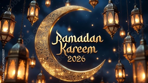 Wallpaper Mural Golden Ramadan Kareem 2026 Crescent Moon with Lanterns at Night Torontodigital.ca