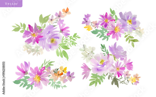 Watercolor elegant floral bouquet vector clipart set with abstract hand painted purple roses and wild flowers for wedding invitation, stationary and surface design.