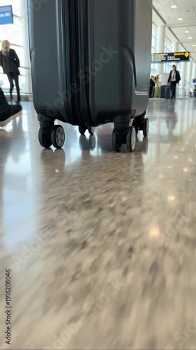 Close up of a grey suitcase rolling on a polished airport floor with a person walking in the blurred background