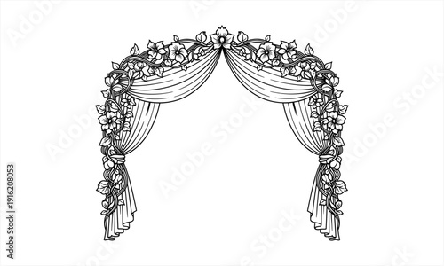 Elegant floral archway with draped fabric in a classic black and white line art style.