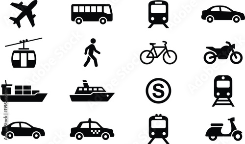 Transport vehicle silhouette icons set, public transportation symbols, travel mobility vector collection for urban city logistics