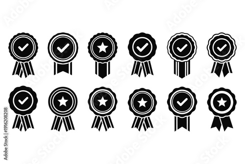 Collection of black and white checkmark and star ribbons for awards and recognition