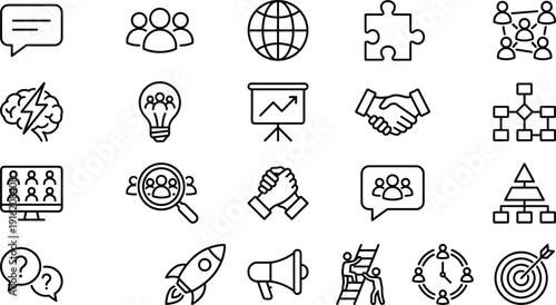 Teamwork communication line icons set, business collaboration symbols, networking strategy vector outline collection for corporate presentations branding