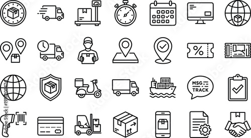 Logistics delivery line icons set, shipping tracking symbols, warehouse transport vector outline collection for ecommerce supply chain