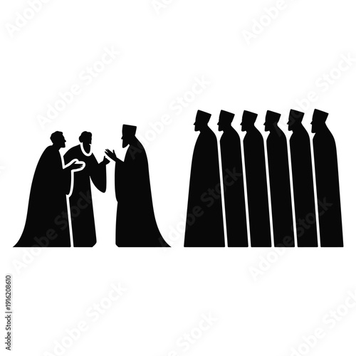 Black silhouettes of men in robes and hats talking and standing in line