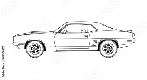 Classic American Muscle Car Outline Drawing.