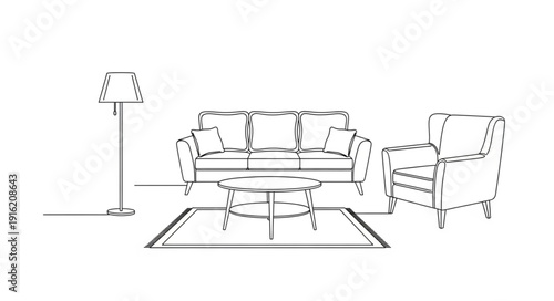 Living room furniture sketch with sofa armchair coffee table and lamp.