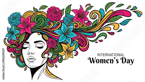 High-quality black outline colorful art of a female face merging with abstract floral elements, symbolizing femininity and resilience for International Women’s Day