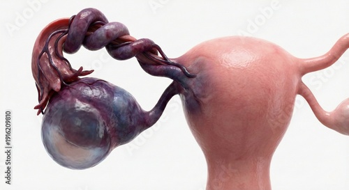 Ovarian torsion caused by cyst medical render features rotated adnexa with compromised blood flow, enlarged ovary with ischemia signs, detailed gynecology pathology illustration