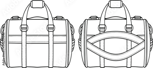 Black and white line of two duffel bags side by side gym bag sports bag travel bag