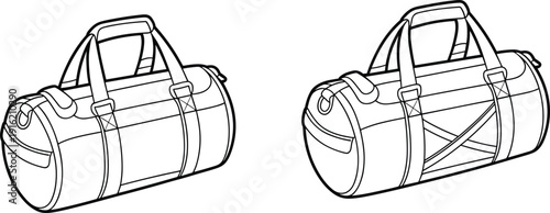 Black and white outline of two cylindrical duffel bags side by side with straps and handles