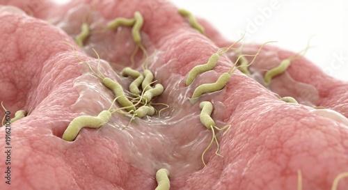 GERD Acid Reflux Helicobacter pylori microscopic illustration shows spiral bacteria with flagella burrowing into gastric mucosa, detailed gastroenterology infection render