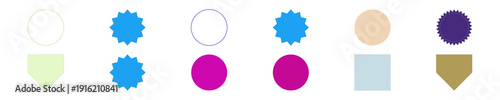 A diverse collection of colorful abstract geometric shapes and badges, including circles, stars, and shields.