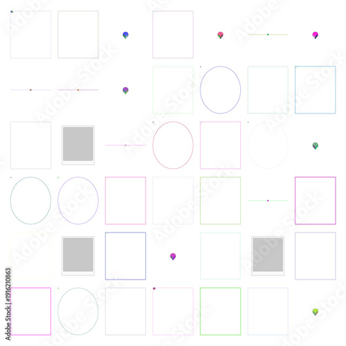 Abstract Geometric Pattern: A diverse grid of minimalist shapes, lines, and colorful small design icons.