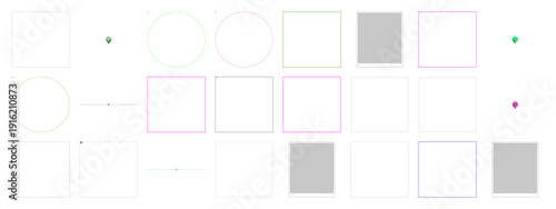 Abstract geometric pattern with colorful squares, circles, and minimalist placeholder elements on a clean white background.