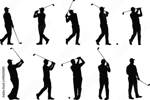 Black silhouettes of golfers in various swing poses and one walking with a club white background