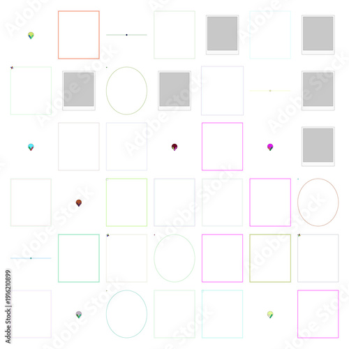 Colorful abstract geometric shapes with borders and placeholder frames on a clean white background.