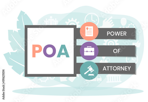 POA, Power of Attorney. Concept with keywords and icons. Flat vector illustration. Isolated on white background.