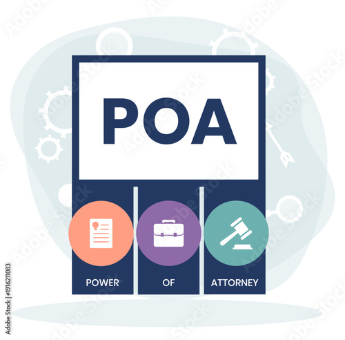 POA, Power of Attorney. Concept with keywords and icons. Flat vector illustration. Isolated on white background.