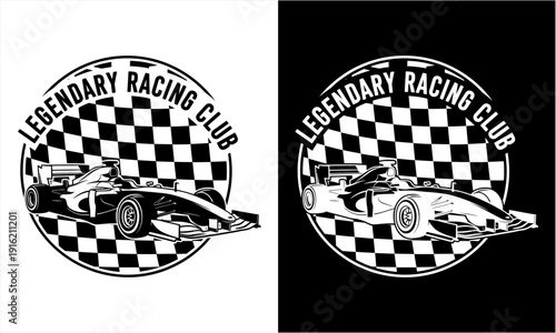 Legendary Racing Club Emblem with Formula One Car and Checkered Flag Design.