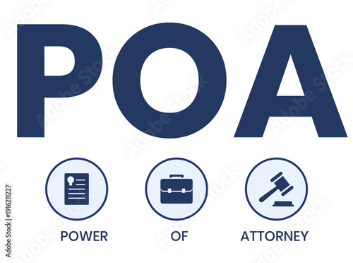 POA, Power of Attorney. Concept with keywords and icons. Flat vector illustration. Isolated on white background.