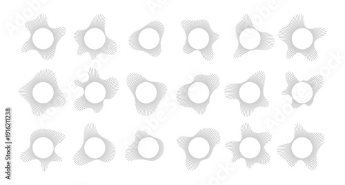 Circular sound visualization with radial wave line pattern vector set. Abstract audio spectrum ring geometric burst shape. Graphic of music equalizers concentric line element for contemporary design
