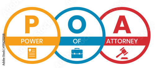POA, Power of Attorney. Concept with keywords and icons. Flat vector illustration. Isolated on white background.