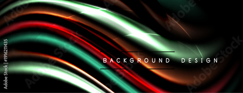Abstract flowing lines, red, green, silver hues. Dynamic curves create modern background design. Dark space emphasizes bright shapes.