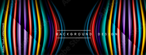 Abstract colorful lines create dynamic waves. Dark background emphasizes vibrant gradients, modern design element.