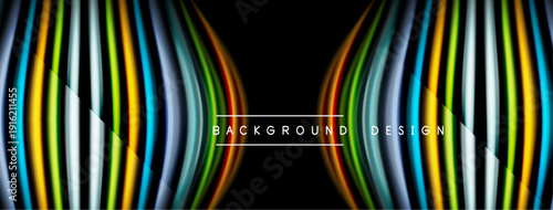 Abstract colorful lines create dynamic wave pattern. Black background emphasizes vibrant gradients, modern design element.