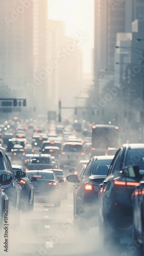 Foggy Urban Traffic Jam with Cars and Morning Sunlight in City