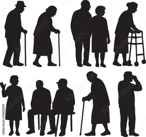 elderly people, old people silhouette vector illustration