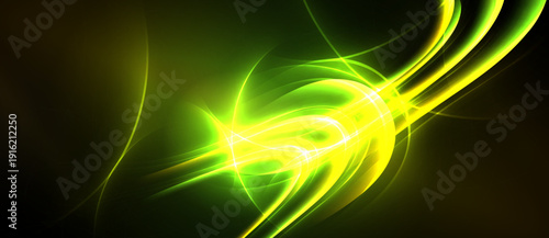 Bright energy flows, vibrant green hues dominate. Abstract light streaks create dynamic visual impact. Dark background emphasizes luminosity.