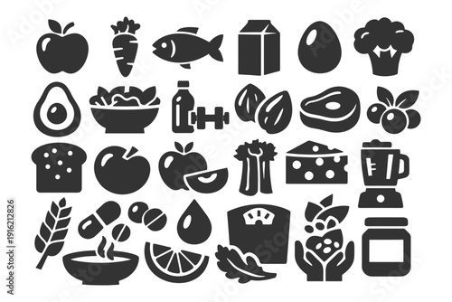 Healthy food icons collection: fruits, vegetables, proteins, dairy, grains, beverages.
