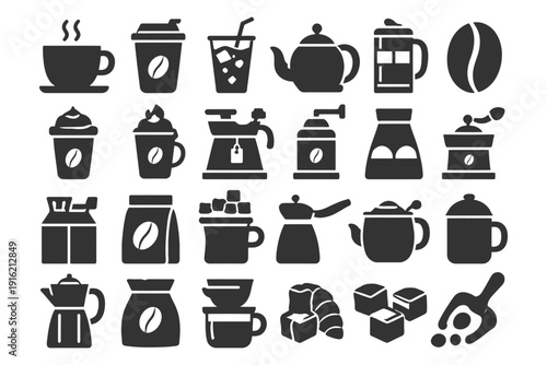 Coffee icons collection: cups, beans, grinders, and kettles in black silhouettes.
